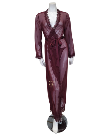 Oh La La Cheri 95-11136 Zinfandel Eyelash Sheer Lace Robe with Satin Sash  myselfingerie.com